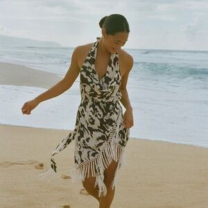 Anthropologie Olive Green & White
Satin Fringe Cover Up Halter Cowl Dress XS